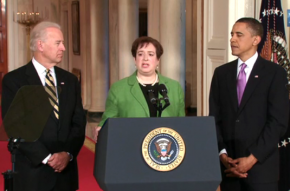 Elena Kagan, flanked by Barack Obama and Joe Biden, during a White House press conference