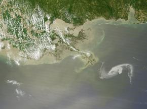A picture of the Gulf of Mexico oil spill approaching the coast of Louisiana, taken from the NASA Space Observatory