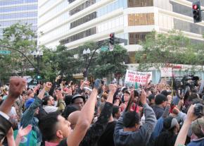 As many as 1,000 people gathered in downtown Oakland to protest the verdict for officer Johannes Mehserle on July 8