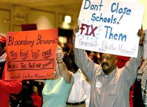 Parents and community members protest the closings of New York City public schools in January