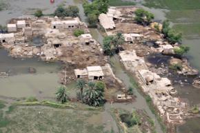 A small village devastated by the flooding in Pakistan remains marooned as floodwaters recede
