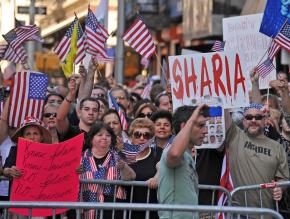 Anti-Muslim protesters demonstrate against the proposed Islamic cultural center in New York City