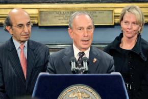 Left to right: Joel Klein, Michael Bloomberg and Cathie Black