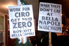 Picketers confront a wage-stealing employer at Bella Napoli restaurant in Seattle