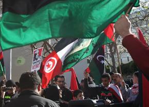 Demonstrators gather in San Francisco to show their solidarity with the struggle in Libya