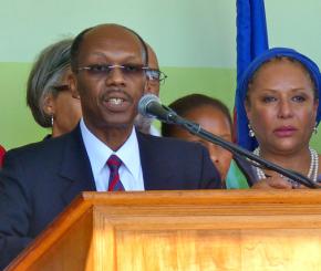Jean-Bertrand Aristide makes a speech after his return to Haiti