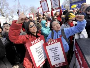 Nurses rally and chant during their strike at Washington Hospital Center