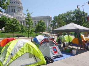 Tents set up around the Wisconsin Capitol building on Day 2 of the Walkerville protest camp