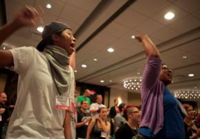 Socialism 2011 participants join in a final rally to cheer the struggles unfolding around the world