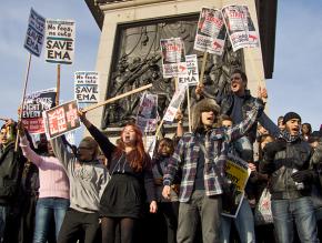 Students protesting in Trafalgar Square during the mass marches against fee increases and education cuts
