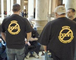 Teamsters wearing their Occupy the Super Bowl t-shirts inside the Indiana State House