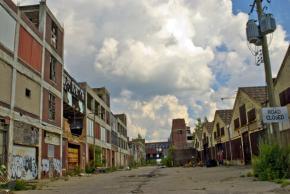 A road of shuttered factory spaces in Detroit