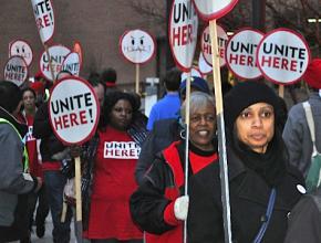 Union supporters at a rally called by UNITE HERE against the Hyatt Regency in Indianapolis