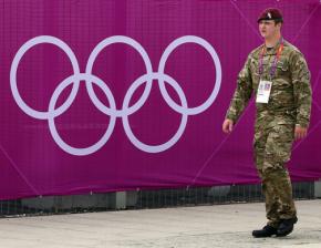 A British soldier patrols an Olympic site