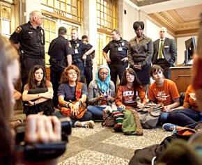 Eighteen student activists were arrested on April 18, 2012, while sitting in to demand that UT stop using sweatshop labor