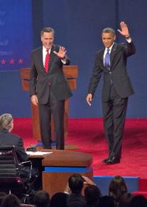 Mitt Romney and Barack Obama at their first presidential debate