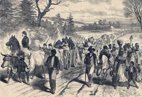 An illustration depicting former slaves reaching the lines of the Union Army in the South
