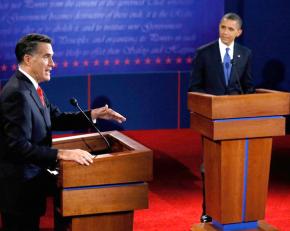 Mitt Romney and Barack Obama share the stage at their first debate