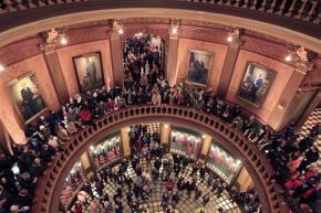 Protesters fill the Michigan Capitol building to protest "right-to-work" legislation