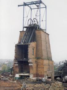 The half-demolished pithead to a coal mine in Barnsley during the 1984-85 miners' strike