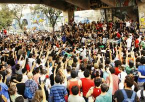 People gather for a popular assembly held in the streets in Belo Horizonte