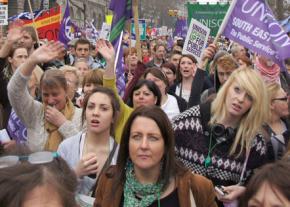 Member the UK union Unison march against budget cuts
