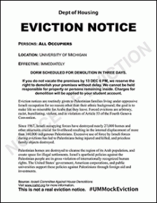 The mock eviction notice distributed by Palestine solidarity activists