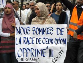 Supporters of the Parti des Indigènes de la République protest Islamophobia