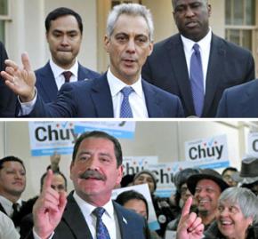 Rahm Emanuel (above) and Chuy García on the campaign trail