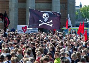 Supporters of the Pirate Party rally in Stockholm