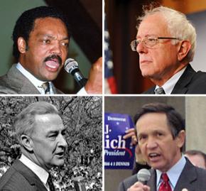Clockwise from top left: Jesse Jackson, Bernie Sanders, Dennis Kucinich and Eugene McCarthy