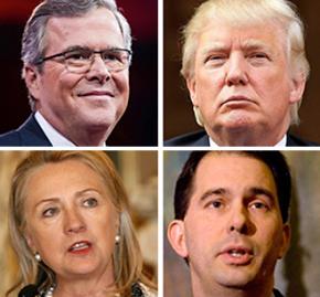 2016 presidential contenders, clockwise from top left: Jeb Bush, Donald Trump, Scott Walker and Hillary Clinton