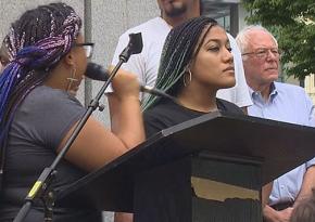 Two Black Lives Matter activists disrupt a rally speech by Bernie Sanders