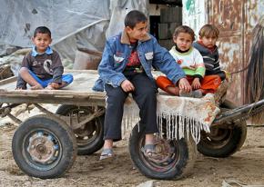 Refugee children in Gaza playing on a horse-drawn cart