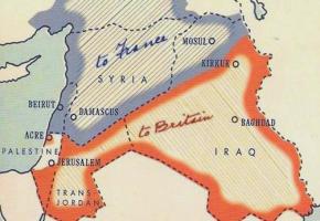 A drawing showing the borders drawn up by the Sykes-Picot agreement