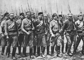 Red Army soldiers march into battle during the Russian Civil War