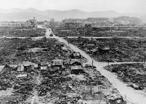 Total devastation in the wake of the atomic bombing of Nagasaki, Japan