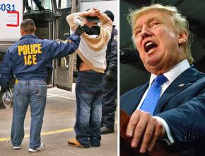 Left to right: ICE agents carry out an arrest; Donald Trump