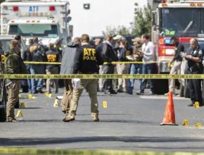 The crime scene in Austin, Texas, after the explosion of a deadly package bomb