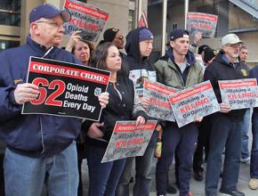 A Teamsters protest against pharmaceutical companies peddling opioids