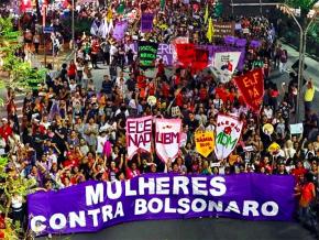 The front of a mass demonstration against Bolsonaro in Brazil