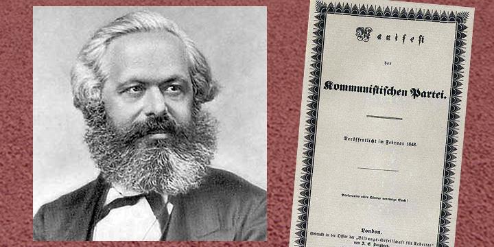 Left to right: Karl Marx; front of the first edition of the Communist Manifesto
