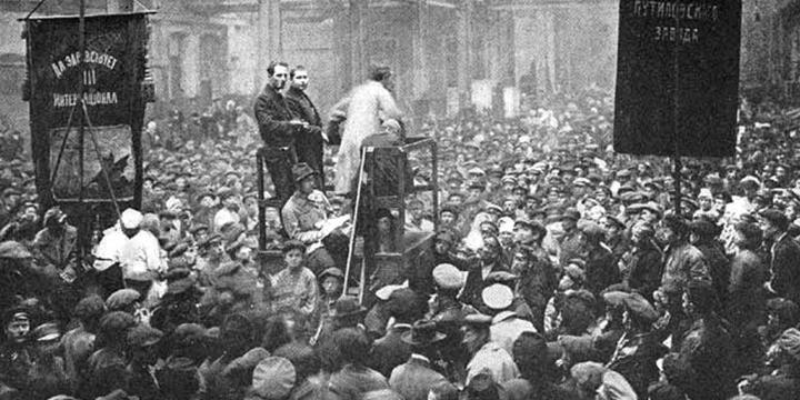 A mass meeting in the Putilov Works in Petrograd during the 1917 Russian Revolution