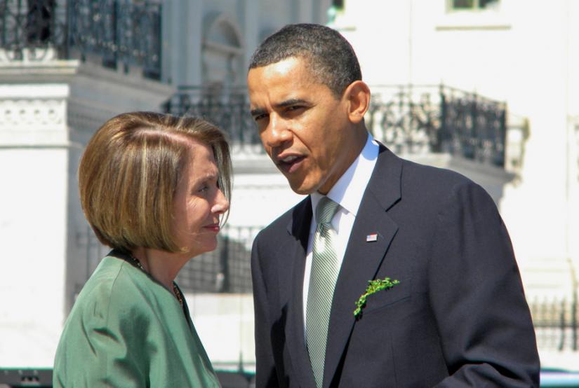 President Obama confers with House Speaker Nancy Pelosi outside the Capitol building