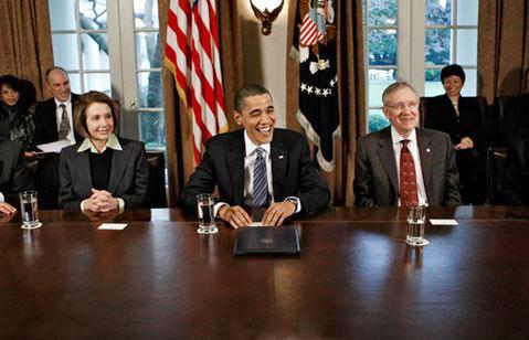 President Obama with leading Democrats Nancy Pelosi and Harry Reid