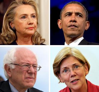 Clockwise from top left: Hillary Clinton, Barack Obama, Elizabeth Warren and Bernie Sanders