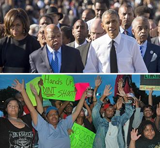 Above: Barack Obama and other Black leaders march in Selma; below: Protesting police murder in Ferguson