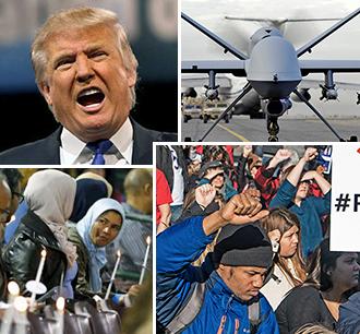 Clockwise from top left: Donald Trump; a Predator drone; protest against police violence; vigil after the San Bernardino shootings