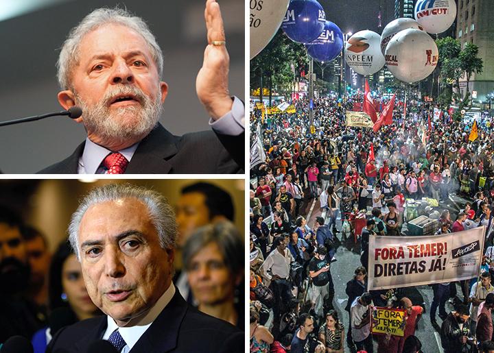 Clockwise from top left: Luiz Inácio Lula da Silva; mass march during a general strike against the government; Michel Temer