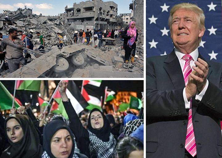 Clockwise from top left: Destruction in Yemen; Donald Trump; protesting in Palestine